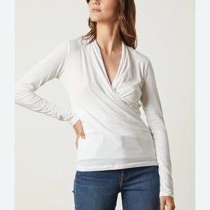 CAbi Flatter Me Tee Faux Wrap Gauze Knit Top White Women’s Size Med Long Sleeve